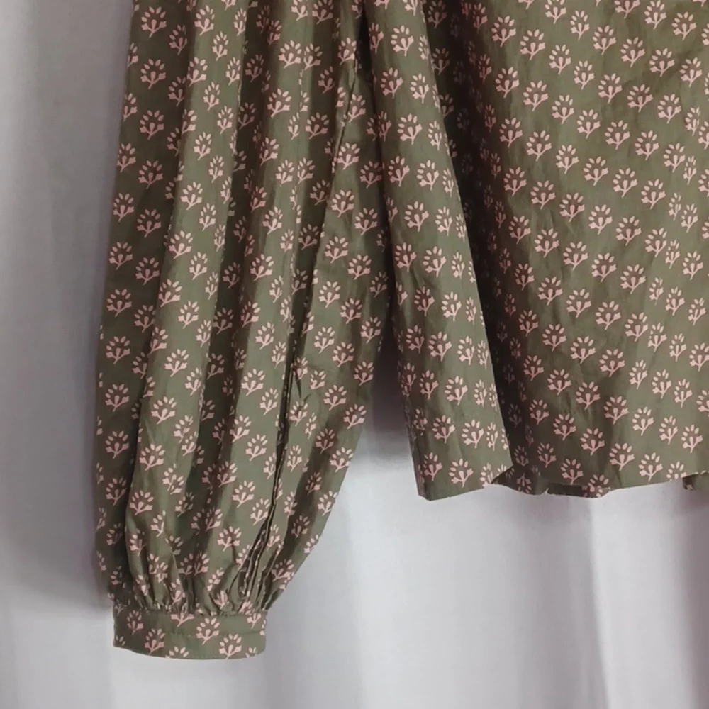 Avara Olive Green Pink Floral Long Balloon Sleeve Top, Split Neck Button Placket